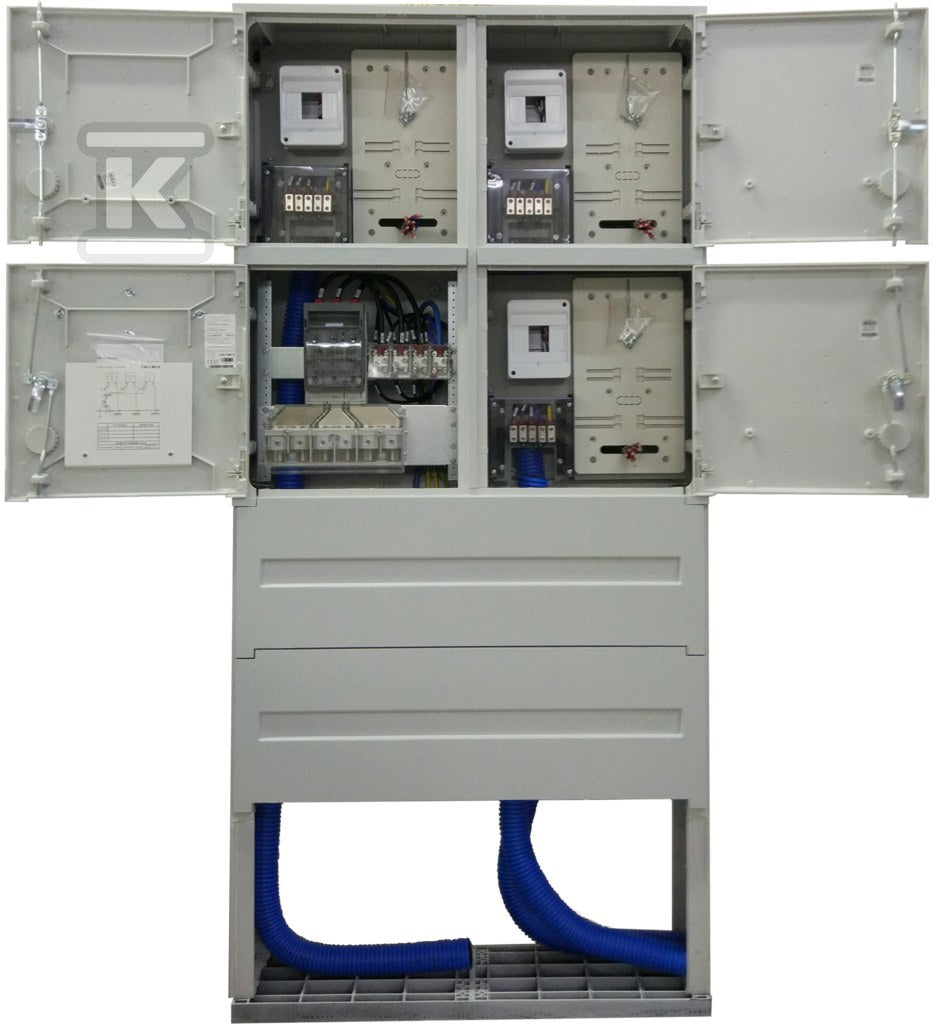 Szafka pomiarowa P3-RS/LZV/LZR/F, złącze kablowe - pomiarowe dla przyłączenia 3 instalacji, zasilane poprzez wcięcie magistralnej linii kablowej lub zasilanie pojedynczą linią kablową, w tym za pośrednictwem mufy rozgałęźnej z magistralnej linii kablowej.