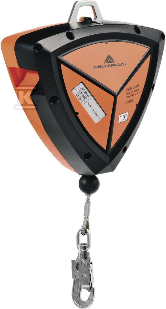 Protector 15 m, obudowa abs, lina galwanizowana 4mm, 1 łącznik am016 z krętlikiem i znacznikiem upadku czarno-pomarańczowy 15m