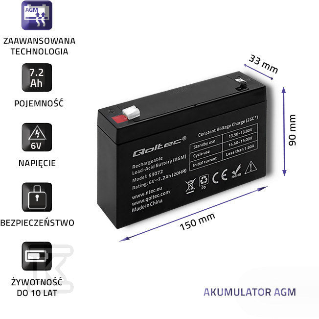 Akumulator AGM 6V 7.2Ah max. 64.8A