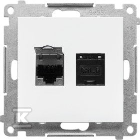 Gniazdo komputerowe podwójne RJ45 kategoria 6, ekranowane z przesłoną przeciwkurzową (moduł): Biały mat, SIMON55