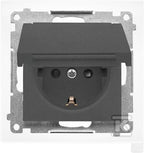 Gniazdo Schuko do wersji IP44 z przesłonami z uszczelką ramki (moduł) 16 A, 250 V~, szybkozłącza. Klapka w kolorze pokrywy: Grafitowy mat, SIMON55