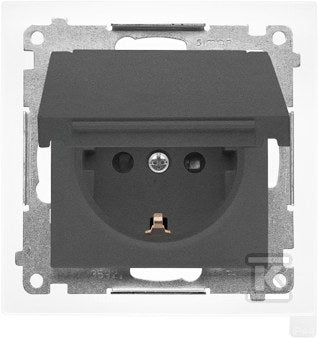 Gniazdo Schuko do wersji IP44 z przesłonami z uszczelką ramki (moduł) 16 A, 250 V~, szybkozłącza. Klapka w kolorze pokrywy: Grafitowy mat, SIMON55