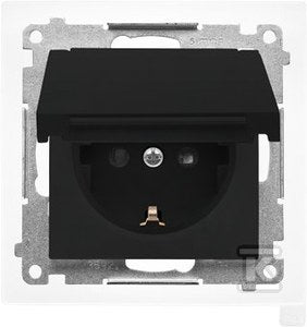 Gniazdo Schuko do wersji IP44 z przesłonami z uszczelką ramki (moduł) 16 A, 250 V~, szybkozłącza. Klapka w kolorze pokrywy: Czarny mat, SIMON55