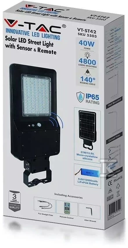 Oprawa Uliczna Solarna V-TAC 40W LED Czarna IP65 120Lm/W VT-ST42 4000K 4800lm 3 Lata Gwarancji
