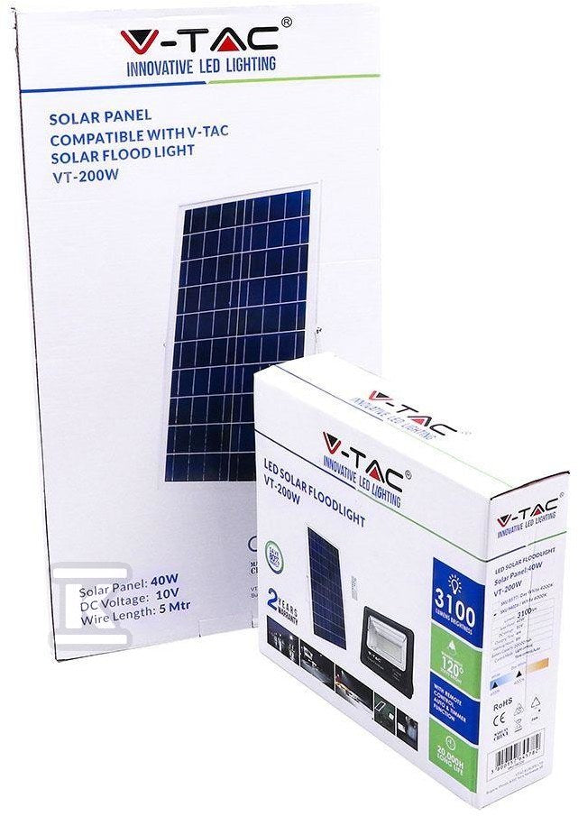 Projektor LED Solarny V-TAC 40W Czarny IP65, Pilot, Timer VT-200W 4000K 3100lm