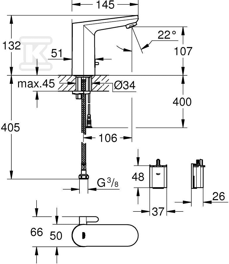 Eurosmart Cosmopolitan E Umywalkowa bateria elektroniczna na podczerwień 1/2", chrom, z mieszaczem i regulowanym ogranicznikiem temperatury, ogranicznik przepływu 5,7 l/min, zasilana baterią, dodatkowe opcje obsługiwane przy pomocy pilota