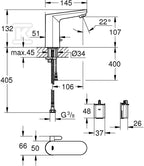 Eurosmart Cosmopolitan E Umywalkowa bateria elektroniczna na podczerwień 1/2", chrom, z mieszaczem i regulowanym ogranicznikiem temperatury, ogranicznik przepływu 5,7 l/min, zasilana baterią, dodatkowe opcje obsługiwane przy pomocy pilota