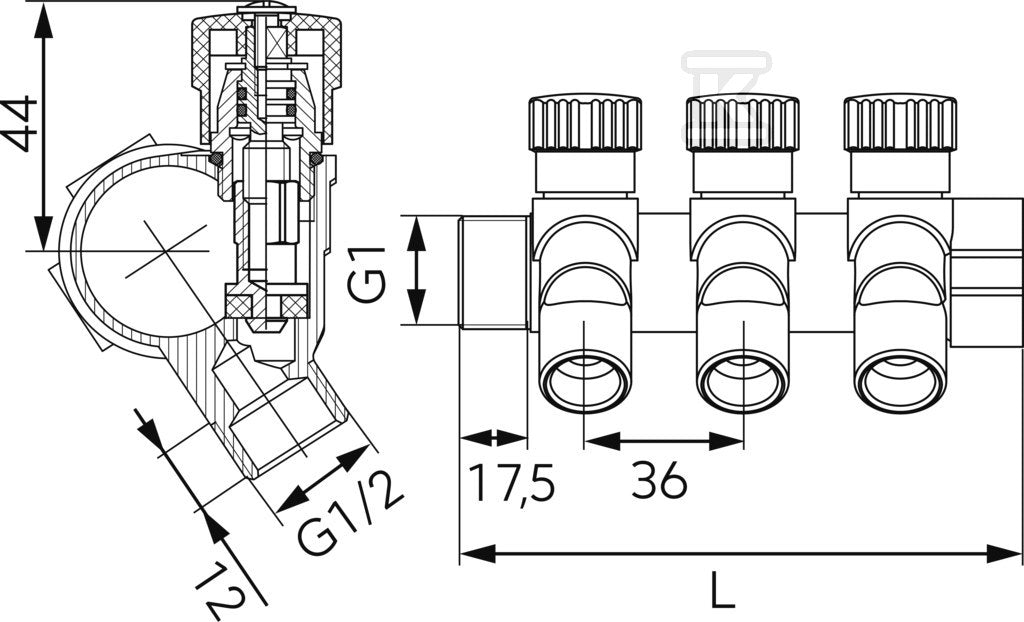 Rozdzielacz sanitarny 1"x1/2", 3-drogowy