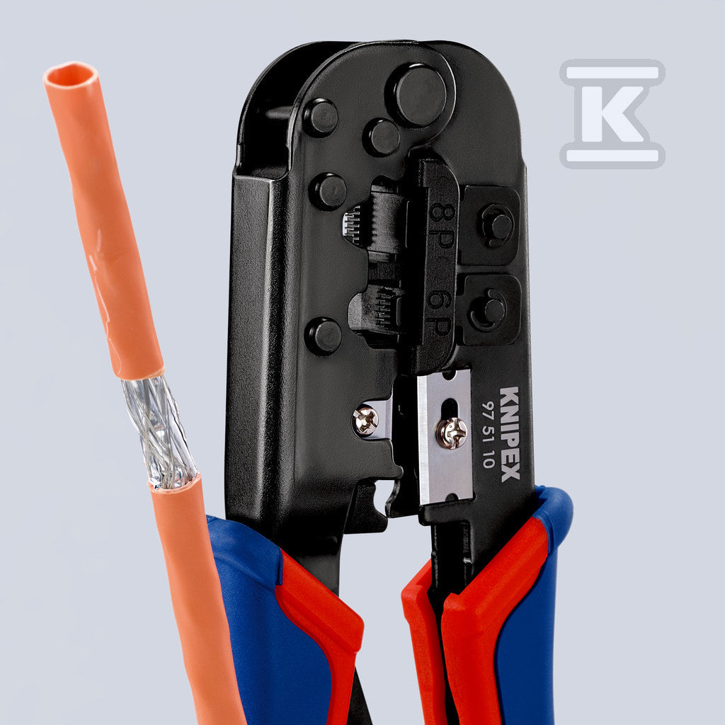 Szczypce do zagniatania wtyków telefonicznych typu Western z wielokomponentowymi nasadkami czernione 190 mm