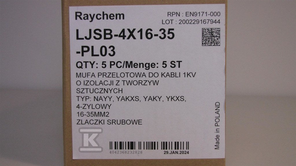 Mufa przelotowa 1 kV, kable 4-żyłowe PE, PCV, ze złączkami śrubowymi, marka Raychem / TE Connectivity TE-EN9171
