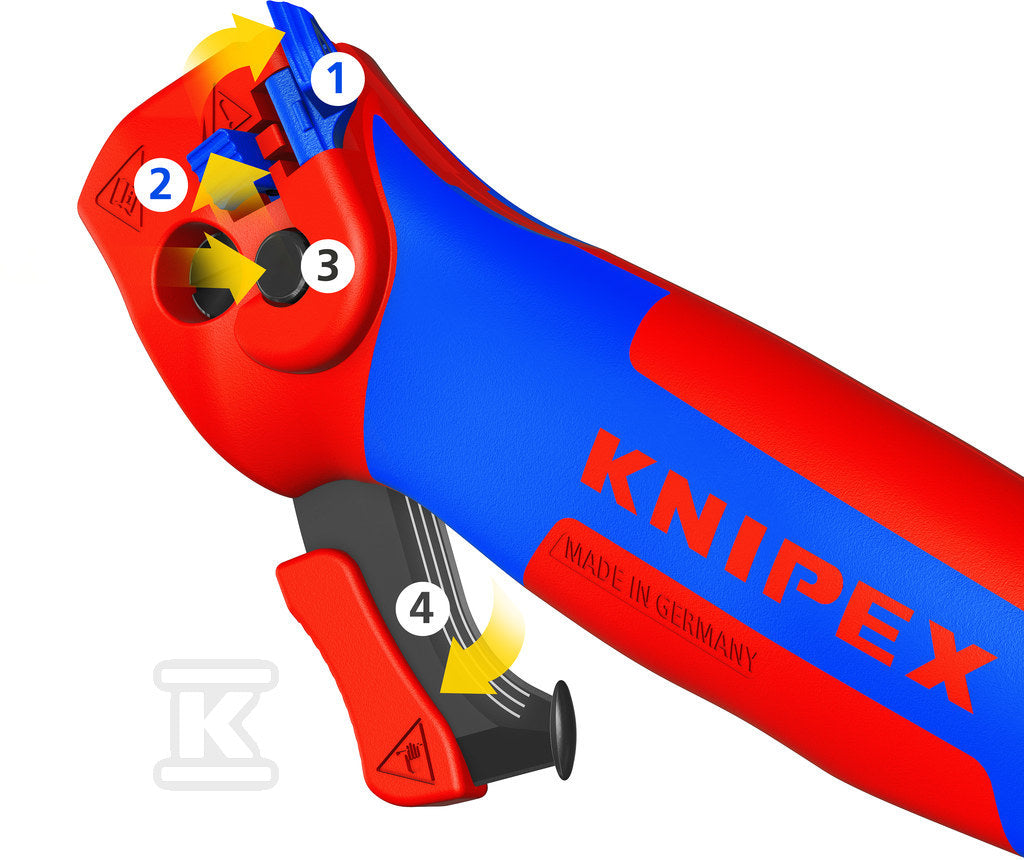 Nóż do ściągania izolacji ze stopką prowadzącą z wielokomponentowymi nasadkami 146 mm