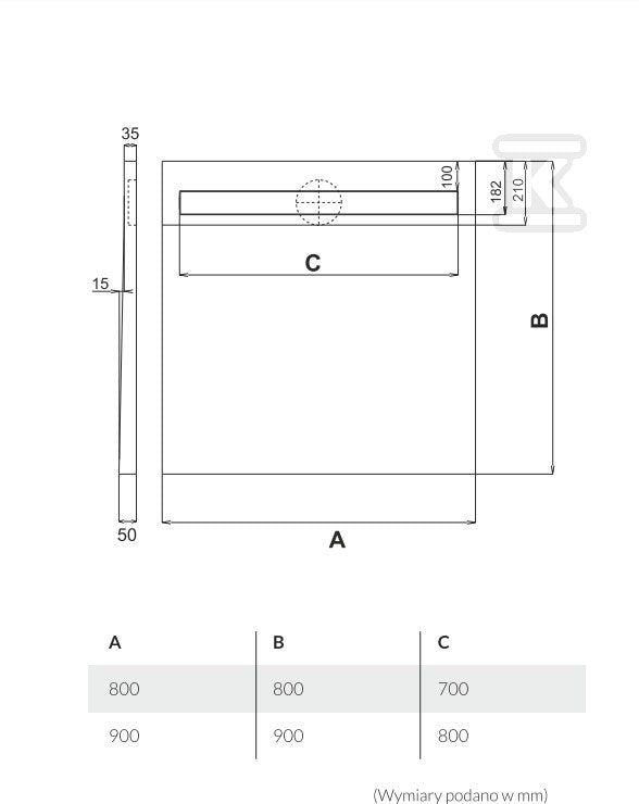 Brodzik podpłytkowy Stabilsound Plus "Subplate" 90x90x5/12,5 cm, kwadratowy z maskownicą do zabudowy płytkami