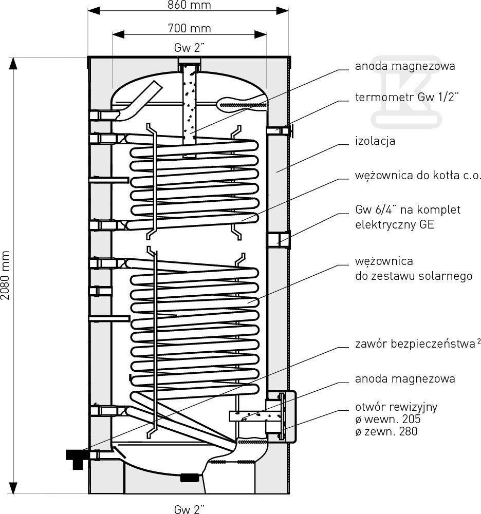 Wymiennik biwalentny 300l SGW(S)B TOWER BIWAL z dwiema wężownicami spiralnymi, emaliowany, twarda pianka poliuretanowa, skay, pionowy wolnostojący