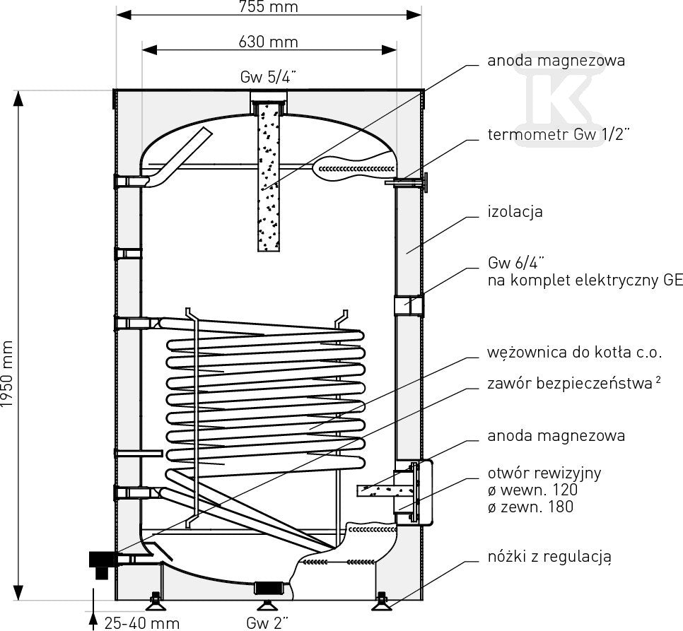 Wymiennik 500l SGW(S) TOWER z wężownicą spiralną, emaliowany, twarda pianka poliuretanowa, skay, pionowy wolnostojący