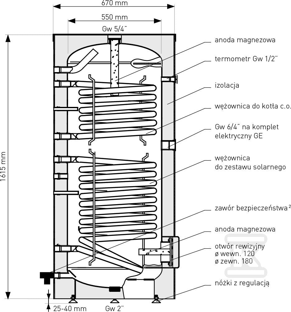 Wymiennik biwalentny 720l SGW(S)B TOWER BIWAL z dwiema wężownicami spiralnymi, emaliowany, twarda pianka poliuretanowa 70mm, skay, pionowy wolnostojący