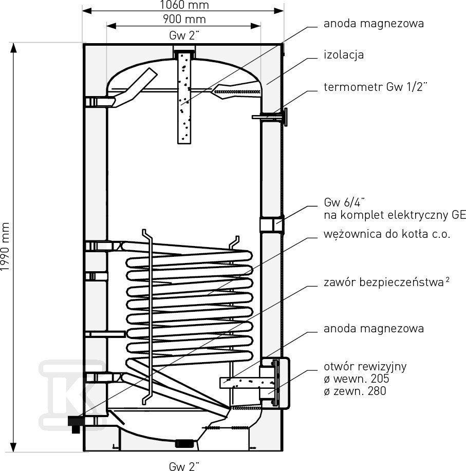 Wymiennik 1000L SGW(S) BIG TOWER emaliowany, wężownica spiralna rozbieralna miękka pianka poliuretanowa 100mm skay