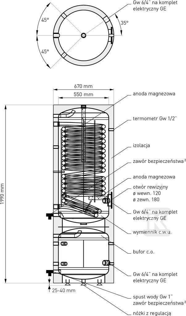 Zbiornik kombinowany do pomp ciepła SG(K) Complete 250/110 l. z wężownicą spiralną 2,9m2, stojący, poliuretan, PVC szary, v. 2