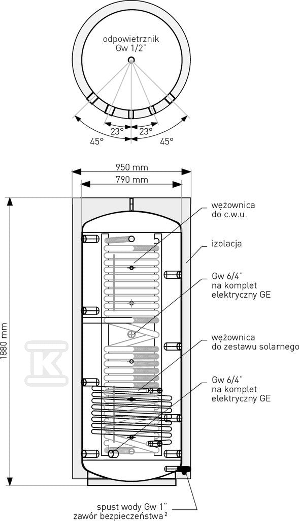 Akumulacyjny zbiornik warstwowy MULTI-INOX 800L wężownica inox do C.W.U. i 1 wężownica spiralna, rozbieralna pianka poliuretanowa 100mm, skay