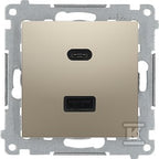 Ładowarka USB podwójna, C+A, złoty mat, metalizowany, maksymalna moc ładowania:30W, SIMON54