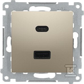 Ładowarka USB podwójna, C+A, złoty mat, metalizowany, maksymalna moc ładowania:30W, SIMON54