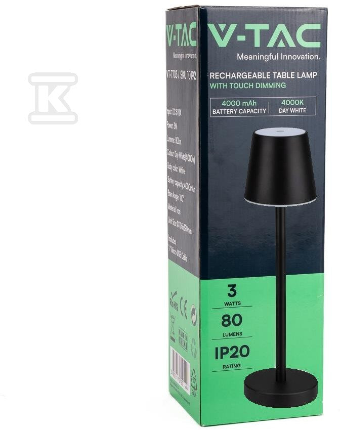 Lampka Biurkowa Nocna V-TAC 3W LED Ładowanie Ściemnianie Czarna VT-7703 4000K 70lm