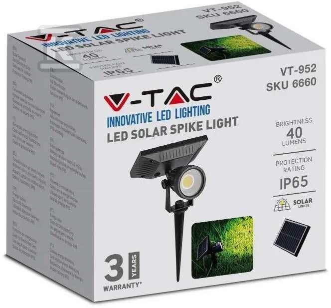 Oprawa Gruntowa Ogrodowa Wbijana LED V-TAC Solarna 2W IP65 VT-952 3000K 40lm 3 Lata Gwarancji
