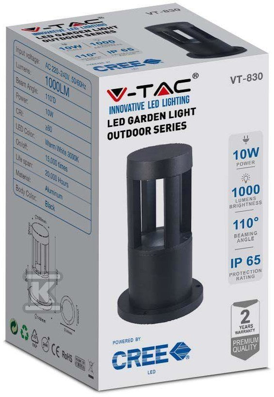 Słupek Ogrodowy V-TAC 10W LED IP65 Czarny 25cm VT-830-N 3000K 1000lm