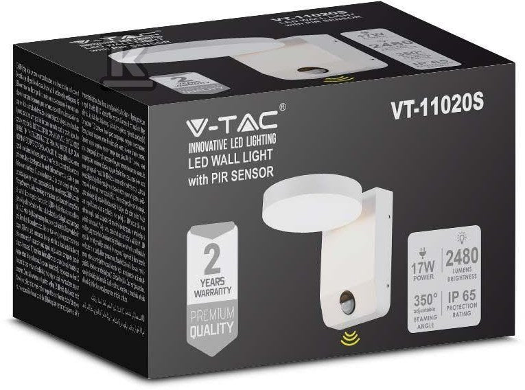 Projektor Oprawa Elewacyjna V-TAC 17W LED Czujnik Ruchu Okrągła Biała IP65 VT-11020S 3000K 2520lm