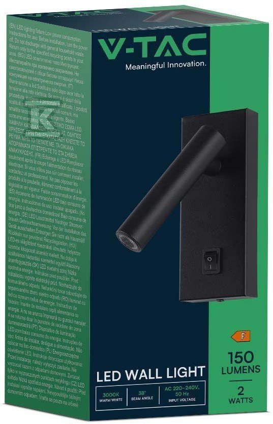 Oprawa LED V-TAC 2W Kinkiet Hotel Łóżko Włącznik Czarny VT-402 4000K 150lm