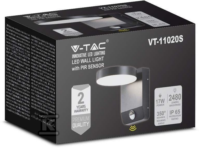 Projektor Oprawa Elewacyjna V-TAC 17W LED Czujnik Ruchu Okrągła Czarna IP65 VT-11020S 3000K 2520lm