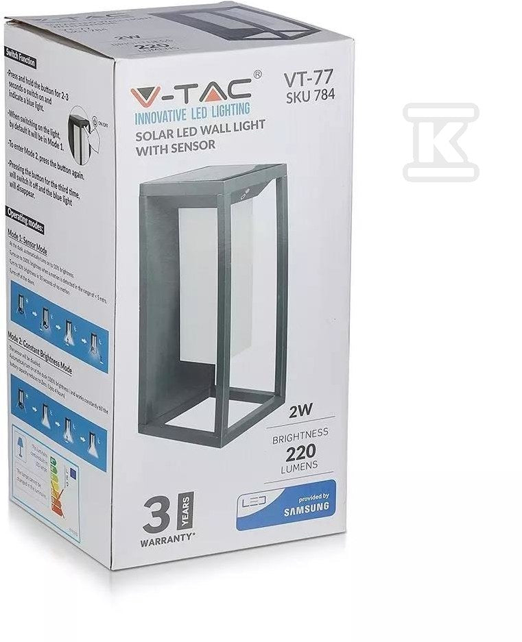 Oprawa solarna ogrodowa LED, kinkiet VT-77 2W 3000K 220lm, chip Samsung