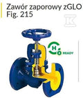 Zawór zaporowo-regulacyjny zGLO Fig. 215C, DN100 PN25, wykonanie 72: połączenie trzpienia z grzybem - rozłączne - wkrętka, trzpień - mosiądz, grzyb regulacyjny i pierścień kadłuba - brąz, bez wskaźnika otwarcia. Korpus - żeliwo sferoidalne.
