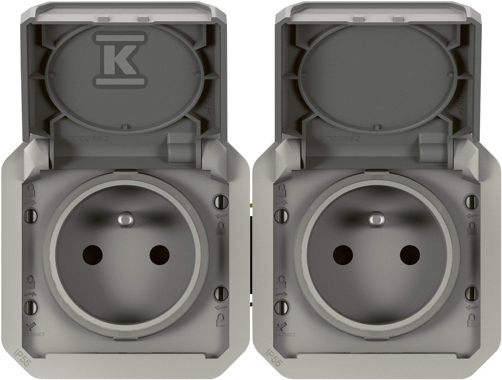Gniazdo podwójne z uziemieniem 2x2P+Z, poziome, mechanizm 16A-250V~- szare, NOWE PLEXO 55