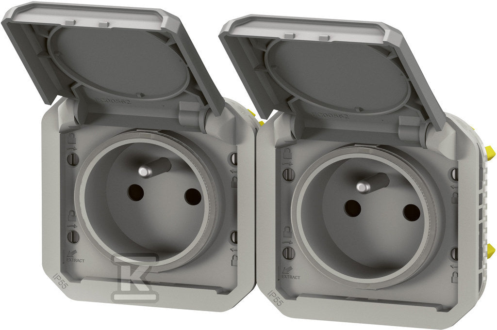 Gniazdo podwójne z uziemieniem 2x2P+Z, poziome, mechanizm 16A-250V~- szare, NOWE PLEXO 55