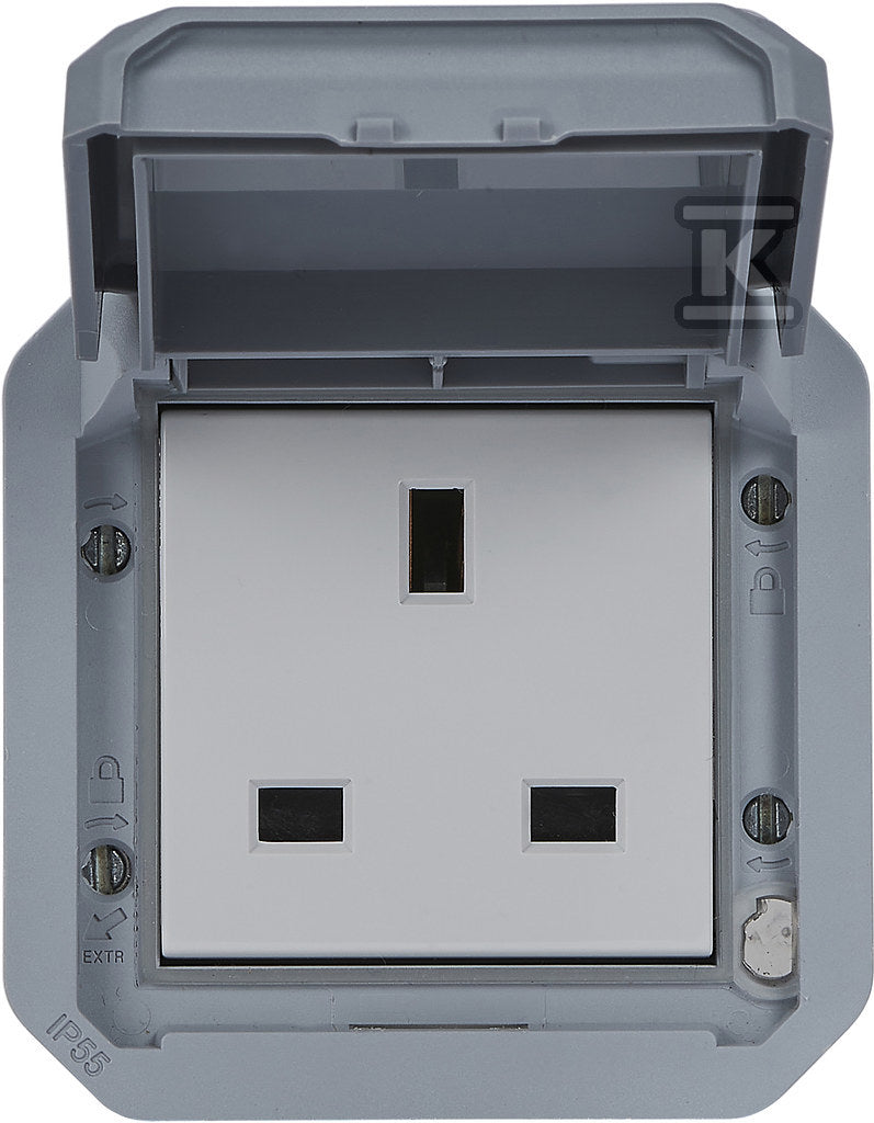 Gniazdo pojedyncze z uziemieniem standard brytyjski 2P+Z, zaciski śrubowe, mechanizm 13A-250V~ - szare, NOWE PLEXO 55