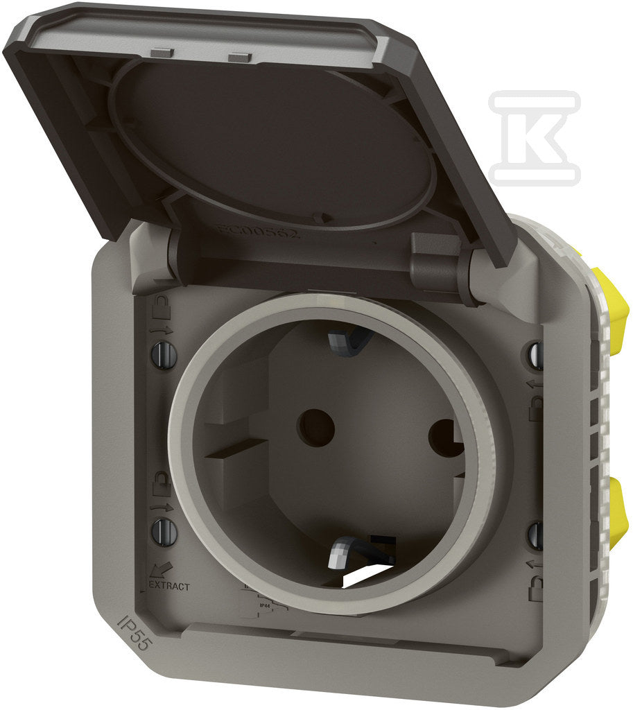Gniazdo pojedyncze z uziemieniem Schuko 2P+Z, zaciski automatyczne, mechanizm 16 A-250V~ - antracyt, NOWE PLEXO 55
