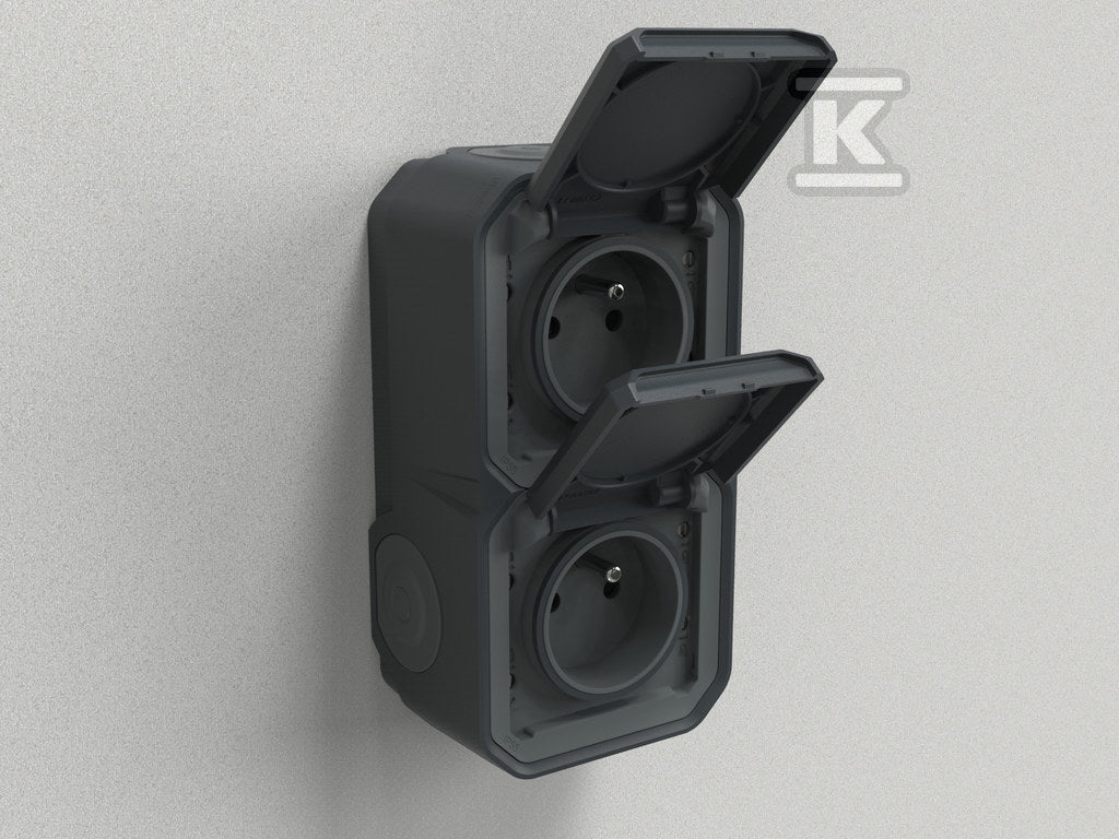 Gniazdo podwójne z uziemieniem 2x2P+Z, pioNOWE, mechanizm 16A-250 V~- antracyt, NOWE PLEXO 55