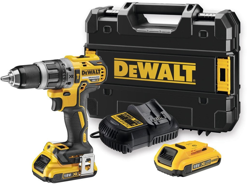 DEWALT System aku 18V wiertarko-wkrętarka bezszczotkowa G2 XR z udarem, 13mm, 2 biegi, 0-550/0-2000 obr/min, 70Nm, 2 akumulatory Li-Ion 2,0 Ah, ładowarka wielonapięciowa XR, kufer TSTAK