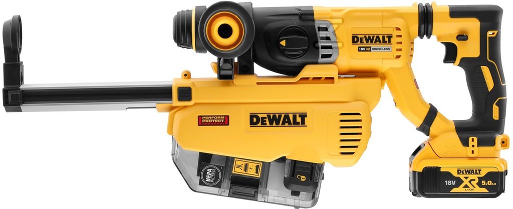 DEWALT System aku 18V Młotowiertarka XR SDS-Plus 3.0J, 28mm, silnik bezszczotkowy, AVC 9.1m/s, 0-1165obr./min, 0-4300ud./min, waga 3.3kg (z aku), 1 akumulator 5.0Ah, ładowarka, kufer