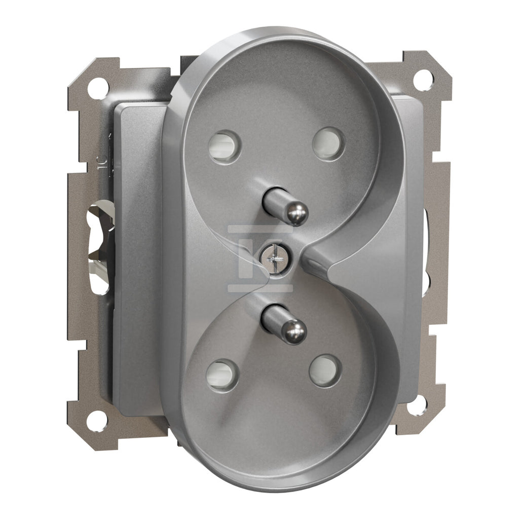 Gniazdo podwójne z uziemieniem, 2x2P+PE z przesłonami do systemu ramkowego (do ramek Elements), srebrne aluminium SEDNA DESIGN
