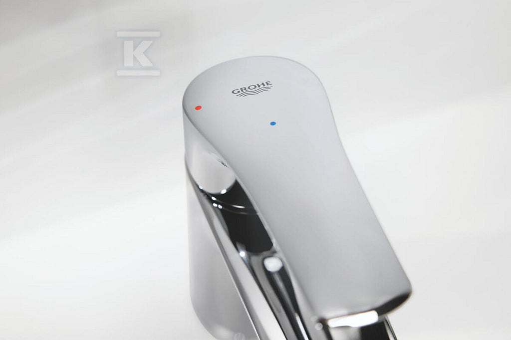Bateria umywalkowa Grohe Eurosmart jednouchwytowa, rozmiar S, chrom, ogranicznik przepływu 5,7 l/min., głowica Ceramiczna oszczędnościowa 28 mm, zestaw odpływowy z drążkiem, osobne kanały wodne