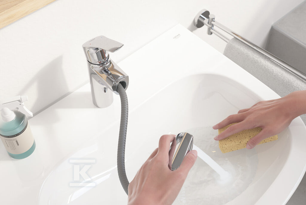 Bateria umywalkowa Grohe Eurosmart jednouchwytowa, rozmiar M, chrom, ogranicznik przepływu 5,7 l/min., głowica Ceramiczna 28 mm, korek push-open, wyciągana wylewka