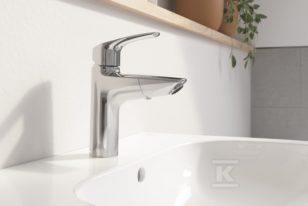 Bateria umywalkowa Grohe Eurosmart jednouchwytowa, rozmiar M, chrom, ogranicznik przepływu 5,7 l/min., głowica Ceramiczna 28 mm, korek push-open, wyciągana wylewka