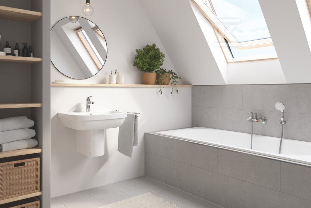 Bateria umywalkowa Grohe Eurosmart jednouchwytowa, rozmiar S, chrom, ogranicznik przepływu 5,7 l/min., głowica Ceramiczna oszczędnościowa 28 mm, zestaw odpływowy z drążkiem, osobne kanały wodne