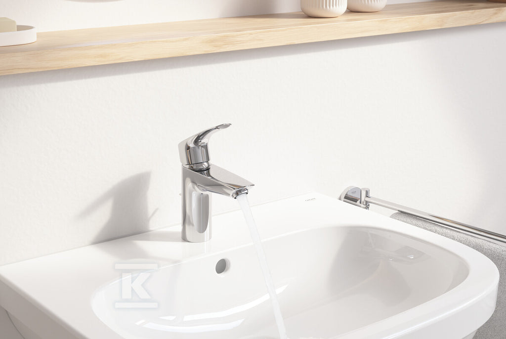 Bateria umywalkowa Grohe Eurosmart jednouchwytowa, rozmiar S, chrom, ogranicznik przepływu 5,7 l/min., głowica Ceramiczna oszczędnościowa 28 mm, zestaw odpływowy z drążkiem, osobne kanały wodne