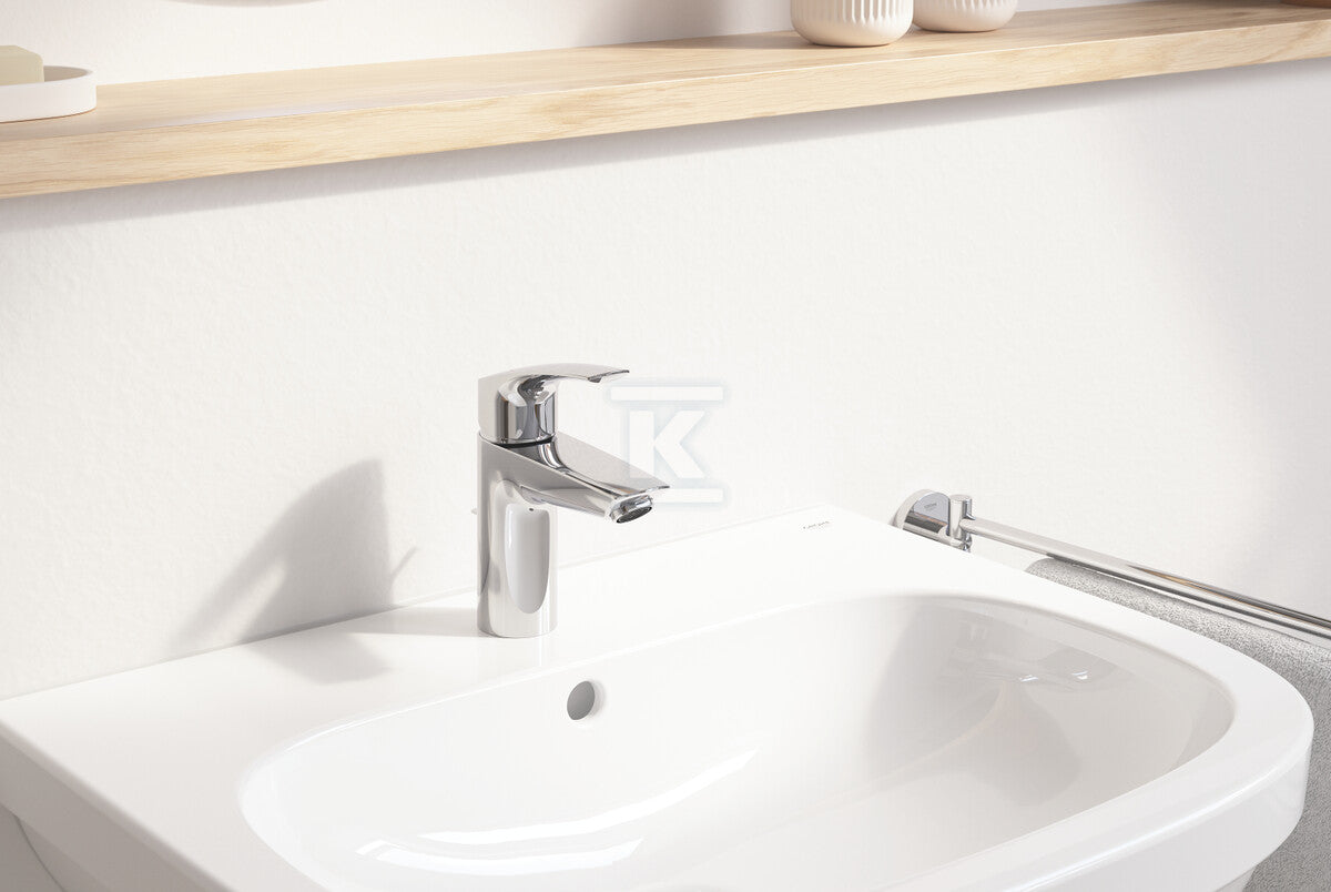 Bateria umywalkowa Grohe Eurosmart jednouchwytowa, rozmiar S, chrom, ogranicznik przepływu 5,7 l/min., głowica Ceramiczna oszczędnościowa 28 mm, zestaw odpływowy z drążkiem, osobne kanały wodne
