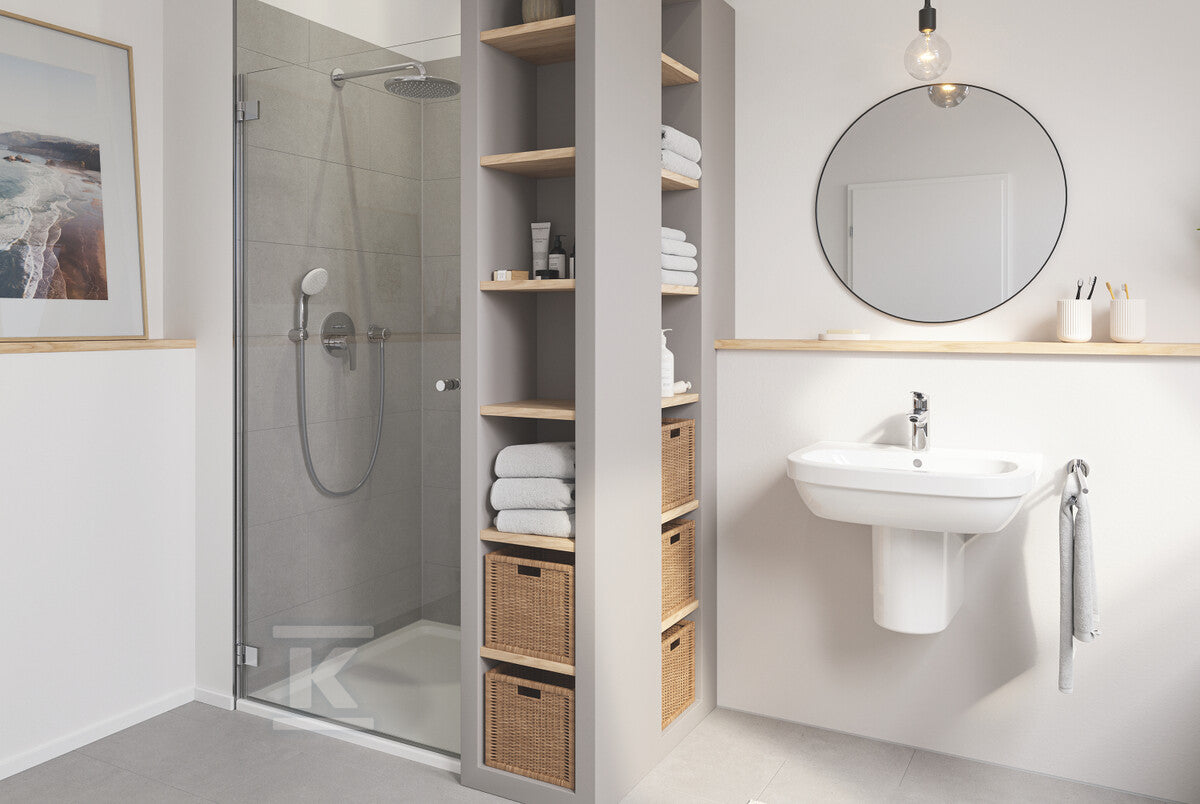 Bateria umywalkowa Grohe Eurosmart jednouchwytowa, rozmiar S, chrom, ogranicznik przepływu 5,7 l/min., głowica Ceramiczna oszczędnościowa 28 mm, zestaw odpływowy z drążkiem, osobne kanały wodne