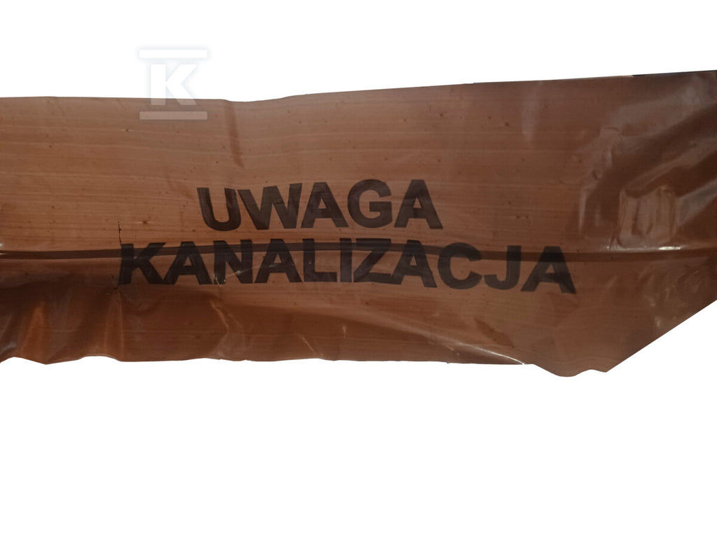 Folia LDPE / taśma ostrzegawczo-lokalizacyjna z nadrukiem "KANALIZACJA", kolor brązowy, rolka, szer.200mm / gr. 0.08mm / dł.100m, z wkładką o szer.10mm ze stali nierdzewnej