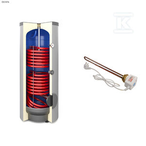 Wymiennik biwalentny 400l SGW(S)B TOWER BIWAL z kompletem elektrycznym z grzałką 2kW - K6/4" z dwiema wężownicami spiralnymi, emaliowany, twarda pianka poliuretanowa, skay, pionowy wolnostojący