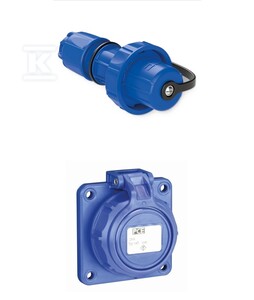 Wtyczka przenośna NAUTILUS 10/16A 2 P+Z 230V uni schuko + pokrywa IP67/68 + Gniazdo tablicowe NAUTILUS 10/16A 2 P+Z 230V z bolcem + pokrywą, kołnierz 75x75 IP67/68
